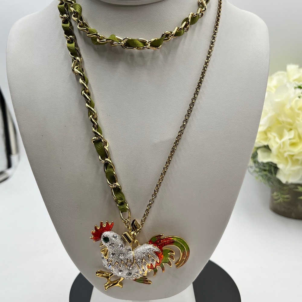 Betsey Johnson Farmhouse Pave Crystal Colorful 3D Rooster Pendant Necklace 32"